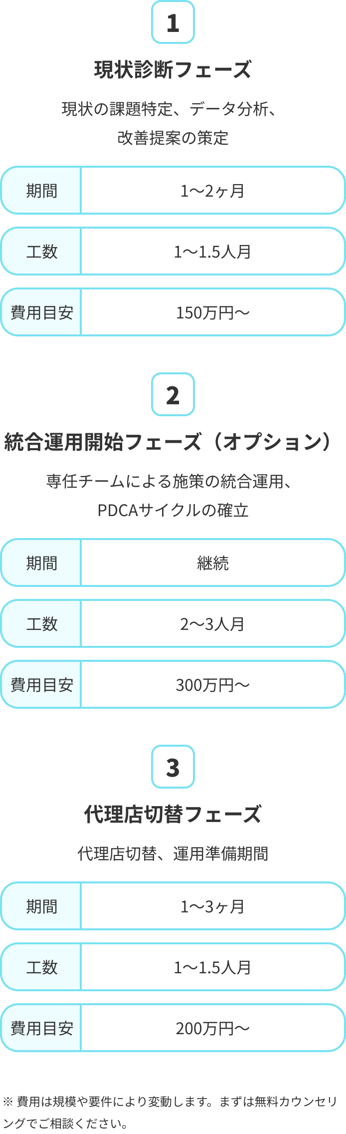 現状診断フェーズ、統合運用開始フェーズ(オプション)、代理店切替フェーズ